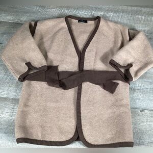 These Three Womens Knit Cardigan Belted Beige Brown Trim Cozy Open Front Size L